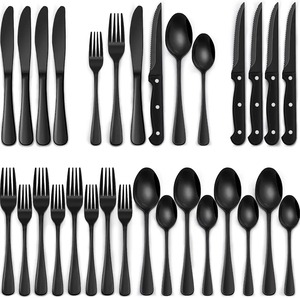Juego de cubiertos de acero inoxidable negro mate, cuchillo, tenedor y cuchara, cubertería duradera y moderna, perfecta para restaurantes. - Product Image 5