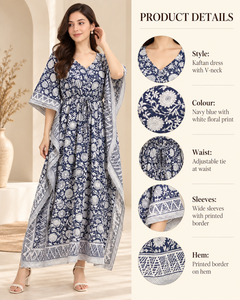 Caftán Maxi Floral Índigo para Mujer, Estilo Bohemio, Cuello en V, Bordes en Contraste, 100% Algodón, Aberturas Transparentes, Corte Holgado, Premium, para Playa - Product Image 5