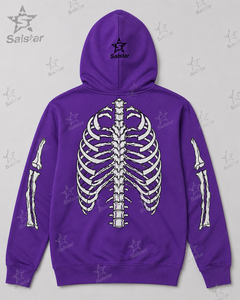 Sweat-shirt à capuche zippé pour homme, coupe classique, en polyester tricoté, motif crâne gothique violet, avec design flamme et imprimé squelette sur le devant - Product Image 5