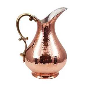 Round Belly Hammered Copper Water Pitcher Ornate Brass Handle Ayurvedic Drinkware Hotel Restaurant Catering Table <b>Jug</b> - Product Image 5