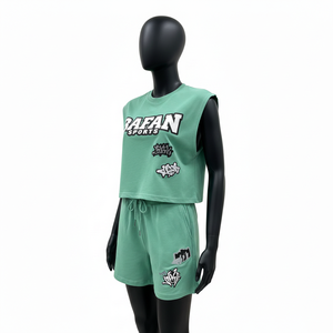 ชุดเสื้อยืดแขนกุดและกางเกงขาสั้นผ้าฝ้าย 100% สำหรับผู้หญิง เนื้อผ้าคอตตอนริชเจอร์ซีย์ พิมพ์ลายโลโก้ตามสั่ง ชุดเสื้อยืดแขนกุดและกางเกงขาสั้นสำหรับผู้หญิง - Product Image 4