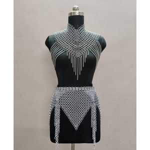 <b>Silver</b> Plated Stainless Steel Chainmail Crop Top & <b>Mini</b> <b>Skirt</b> Set Irregular Fashion Armour Welded Design - Product Image 1