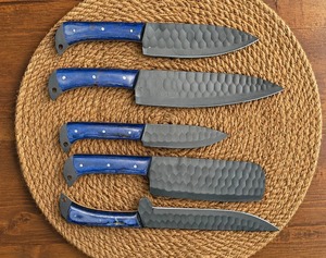 Ensemble de 5 couteaux en acier Damas, manche bleu, lame martelée, couteaux de cuisine à bord droit - Product Image 5