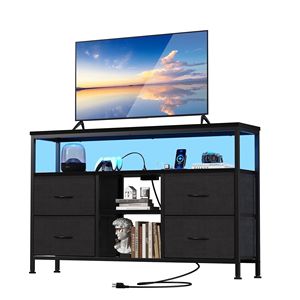 Mobile TV con Prese di Corrente e Luce LED per TV da 43 Pollici, Doppio Strato, 4 Cassetti in Tessuto, Nero, per Soggiorno o Camera da Letto - Product Image 1