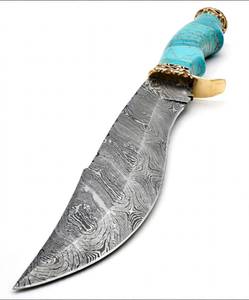 Cuchillo recurvo premium de hoja de damasco para camping, herramienta utilitaria de alta resistencia con mango de piedra turquesa y latón grabado. - Product Image 5
