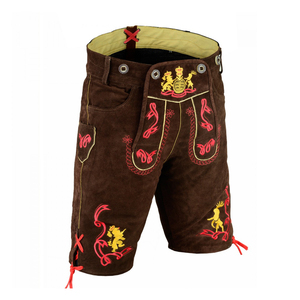 Shorts bavarois en cuir marron pour homme avec broderie rouge et jaune, taille haute, style décontracté, broderie à la main, style bermuda en laine - Product Image 1