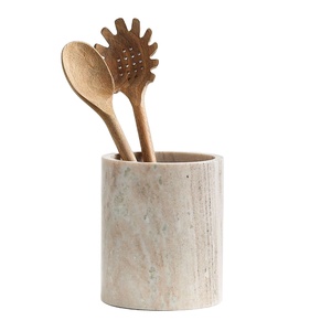Premium beige marble <b>utensil</b> <b>holder</b> round stone <b>kitchen</b> organizer modern cutlery <b>holder</b> spoon stand handmade home decor export - Product Image 1