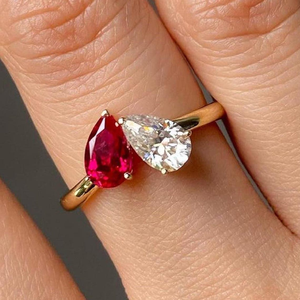 Ruby Pink White Pear Cut 2 Stone <b>Cz</b> Diamond <b>Ring</b> Yellow Gold Engagement <b>Ring</b> 10K Solid Gold Toi Et Moi <b>Ring</b> Birthday Gift For He - Product Image 1