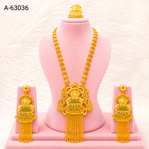 Ensemble de bijoux ethniques en gros pour femmes, collier et boucles d'oreilles tendance plaqués or avec zircon, ensemble de mariage A-63032 - Product Image 5