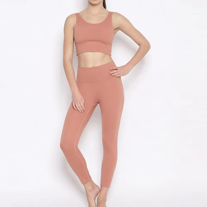 Women Yoga Set Seamless <b>Crop</b> <b>Top</b> High Waist Full Length Leggings Solid Color Racerback Sleeveless Sportswear 2 Piece Set - Product Image 4