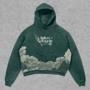 Men's Oversized Crop Hoodie Green <b>Spray</b> Printed Streetwear Cotton French Terry Hooded Sweatshirt with Front Logo Pocket - Product Image 1
