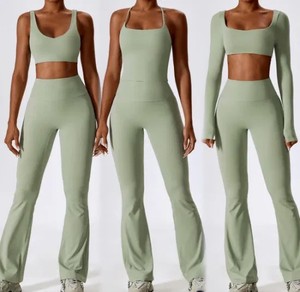 Brown 4 Piece Yoga Set <b>Crop</b> Top Mid Waist Full Length <b>Leggings</b> Seamless Four Way Stretch Spandex/Nylon Plus Size Front - Product Image 3