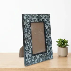 <b>Black</b> Resin <b>Photo</b> <b>Frame</b> Vertical Tabletop Picture Holder with White Leaf Pattern and Gold Dots Handcrafted Resin Picture <b>Frame</b> - Product Image 4