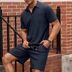 Men's <b>White</b> Cotton Waffle <b>Polo</b> Shirt and Shorts Set Casual Summer Outfit Breathable Knitted Solid Color - Product Image 5