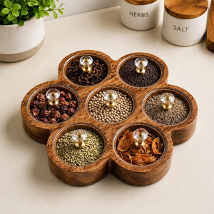 Caja de especias hecha a mano de madera de pino con tapa de vidrio, Masala Dabba, organizador de especias de cocina, contenedor de almacenamiento de madera rústico, decorativo - Product Image 1