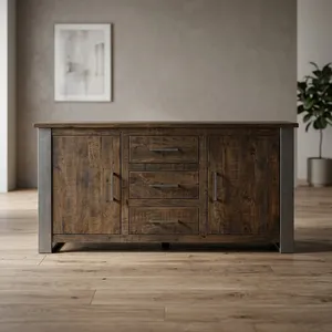 Industrial Solid Wood Sideboard 3 <b>Drawer</b> 2 Door Buffet <b>Cabinet</b> Rustic Iron <b>Metal</b> Frame Living Room Storage Credenza - Product Image 4
