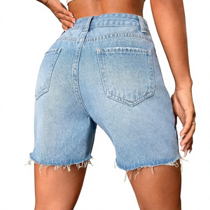 Shorts en jean taille haute déchirés pour femme, couleur unie, ourlet déchiré, style décontracté d'été, bleu clair, tissu coton 2026 - Product Image 2