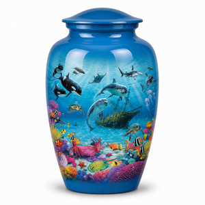 Magnifique autocollant décoratif bleu océanique antique avec motif de poissons et urne funéraire en émail pour cendres humaines - Product Image 4
