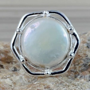 <b>Coin</b> Pearl <b>Ring</b> Handmade Sterling Silver Bezel Setting Natural Round Shape Gemstone Boho Jewelry June Birthstone Gift - Product Image 3