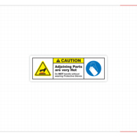 Etiquetas de advertencia de riesgo de quemaduras, cabezal de advertencia amarillo, partes adyacentes muy calientes, guantes de protección, iconos circulares azules obligatorios