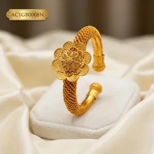 กำไลข้อมือรูปดอกไม้ทองเหลืองชุบทอง 24K น่ารักสำหรับผู้หญิง เครื่องประดับงานแต่งงาน AC1GB0008N - Product Image 1