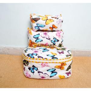 3-Piece Eco-Friendly Quilted Indian Cotton Print Zipper Closure for Bags Cosmetic <b>Cases</b> Set for Travel Makeup Organization - Product Image 3