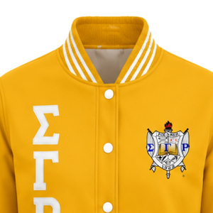 Custom Yellow Gold Varsity Letterman Jacket with <b>White</b> Striped Rib Collar Snap <b>Buttons</b> and Embroidered Greek Crest Logo Apparel. - Product Image 4