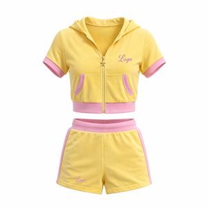 OEM Custom Y2K <b>Women</b> 2 Piece Set <b>Velour</b> Short Sleeve Crop Top Hoodie and Shorts Set Summer <b>Tracksuit</b> Streetwear Lounge Wear - Product Image 4