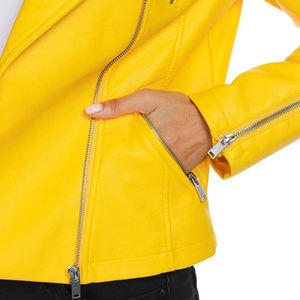 Veste de moto en cuir de vache jaune pour femme, coupe-vent, manches longues, col rabattable, fermeture éclair, longueur normale, couleur unie, hiver - Product Image 6