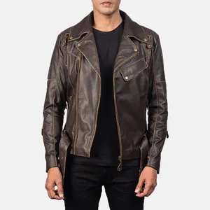 Sisa Apparels Vincent Brown Leather <b>Biker</b> <b>Jacket</b> for Men with Ruboff Vintage Finish Silk Screen Printed - Product Image 2