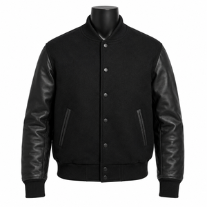 Chaqueta Varsity Personalizada de Lana y Cuero Negra para Hombre, Chaqueta Letterman Lisa, Chaqueta de Béisbol con Bordado OEM, Fabricante al por Mayor - Product Image 1