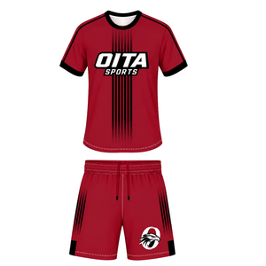 Ensemble de rugby rouge et noir, maillot à manches courtes et col rond avec short assorti, respirant, pour l'entraînement en équipe, uniforme de sport performant - Product Image 1