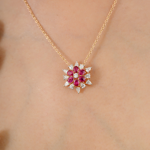18K <b>Solid</b> Yellow <b>Gold</b> Floral Ruby <b>Pendant</b> Necklace - Product Image 5
