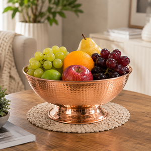 Bol à fruits en cuivre fait main, martelé, sur piédestal, pour service, centre de table décoratif, décoration intérieure, cadeau, vente en gros, OEM, en vrac, B2B - Product Image 3