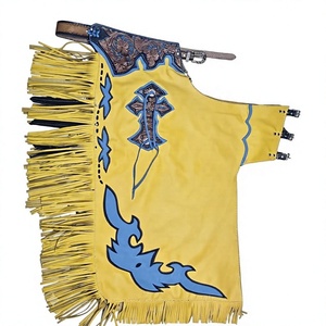 Premium Yellow Hand-Tooled Leather Rodeo Chaps Featuring Long <b>Fringe</b> and Cross Applique - Product Image 1