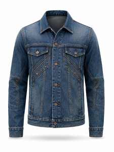 Chaqueta Vaquera para Hombre, Corte Regular, Lavado a la Piedra, Cierre de Botones, Estilo Casual, para Otoño, 100% Algodón, Tejido de Sarga, Diseño con Puntadas Decorativas - Product Image 1