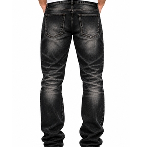 Jean en denim extensible pour homme, coupe droite, déchiré, poches robustes, coutures renforcées, en coton, imprimé lettres, noir, décontracté, pour l'automne - Product Image 2
