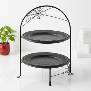 Two Tier Iron Spider Web Plate Stand Elegant Black Halloween Display Rack Perfect for Serving Treats Snacks and Party Decor - Product Image 1