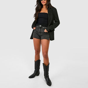 Shorts en jean rétro pour femme, taille haute, vintage, délavé, avec boutons et fermeture éclair, longueur genou, délavage acide, été, personnalisé - Product Image 6