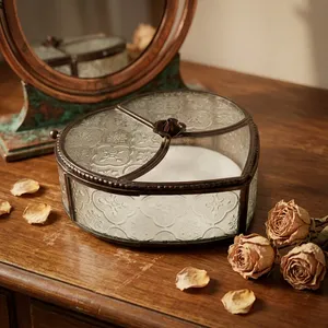 Artisan Design Heart-Shaped Glass Jewelry <b>Box</b> <b>Floral</b> Pattern Metal Frame Decorative Storage Organizer for Necklaces Rings Model - Product Image 2