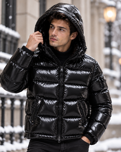 Blouson matelassé noir brillant à capuche pour homme, coupe ample, épais, style streetwear, fermeture éclair, pour l'hiver - Product Image 1