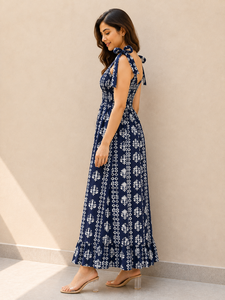 Vestido Occidental Azul Estampado de Alta Calidad para Mujer, Sin Mangas, con Tirantes Ajustables en los Hombros, Busto Fruncido y Dobladillo con Volantes, Estilo Casual de Verano - Product Image 2