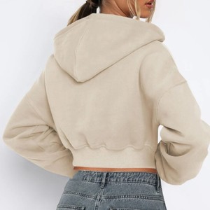 Sudadera con capucha corta beige para mujer, de manga larga, hombros caídos, con cremallera frontal, estilo oversize, de punto, para otoño, color liso, OEM ODM - Product Image 2