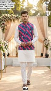 Ensemble Kurta de fête pour homme Royal Celebration Bandhani, traditionnel, long, à séchage rapide, brodé, en satin Malai - Product Image 3