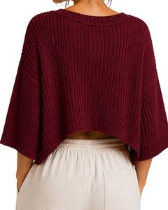 Pull court tricoté ample bordeaux pour femme, à manches courtes, léger et respirant, idéal pour l'été, style décontracté et tendance - Product Image 5