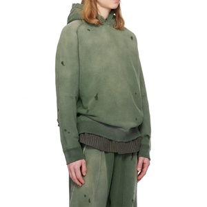 Unisex Olive Green Distressed French Terry Hoodie and Wide Leg Sweatpants Set with Sun Faded Garment Dye Frayed Slouchy Fit - Product Image 2