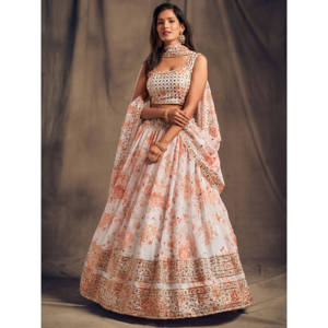 Festival d'organza imprimé floral blanc Lehenga Choli - Product Image 6