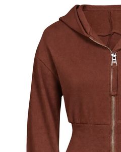 Womens Chocolate Brown <b>Cropped</b> <b>Zip</b> <b>Up</b> Hoodie Slim Fit Long Sleeve Casual Streetwear Cotton Fleece Sweatshirt Custom Logo ODM - Product Image 3