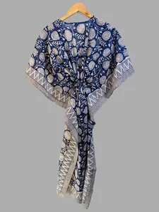 Elegante Vestido Largo Kaftán de Algodón con Estampado Floral Azul para Mujer, Estilo Bohemio, con Cintura Ajustable, Ideal para la Playa - Product Image 5