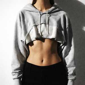 Women's <b>Black</b> Cropped Hooded Sweatshirt Regular Sleeve Loose Fit Solid Color Drawstring Waistband Terry 100% Cotton Summer - Product Image 3